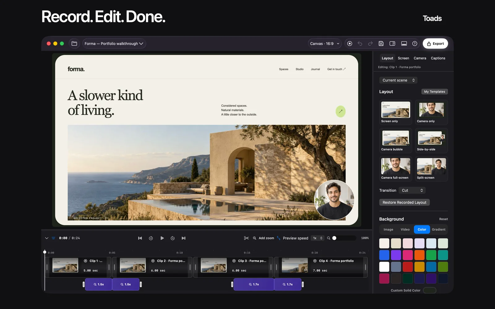 Toads video editing timeline for a Mac product demonstration